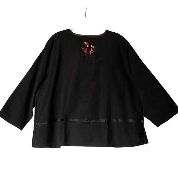 C.J. Banks Linen Cotton Top Blouse 1X Black Embroidered Round Neck Cottagecore - Picture 2 of 6